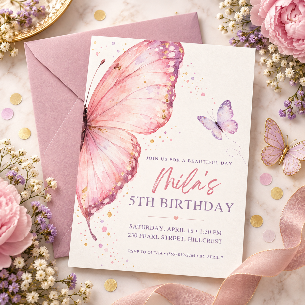 Pink butterfly wing invitation next to a pink envelope with gold confetti