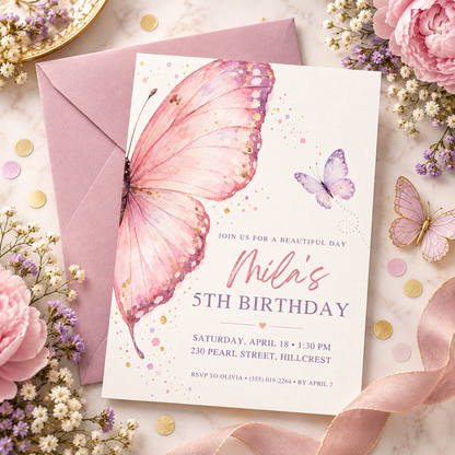 Pink butterfly wing invitation next to a pink envelope with gold confetti