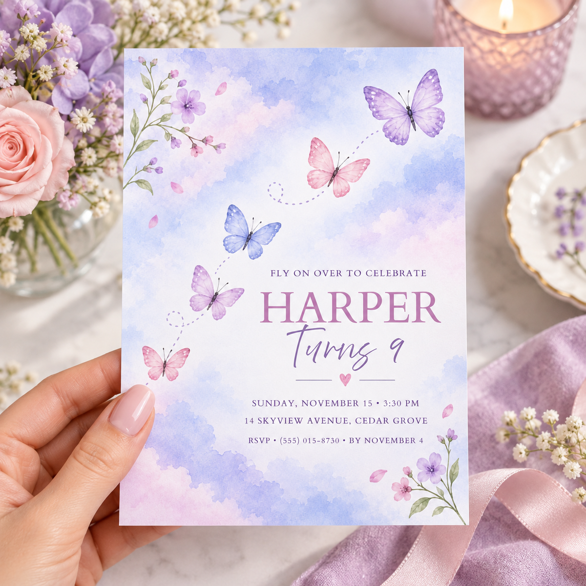 Hand holding a pastel sky butterfly birthday invitation with a trail of butterflies and sample details