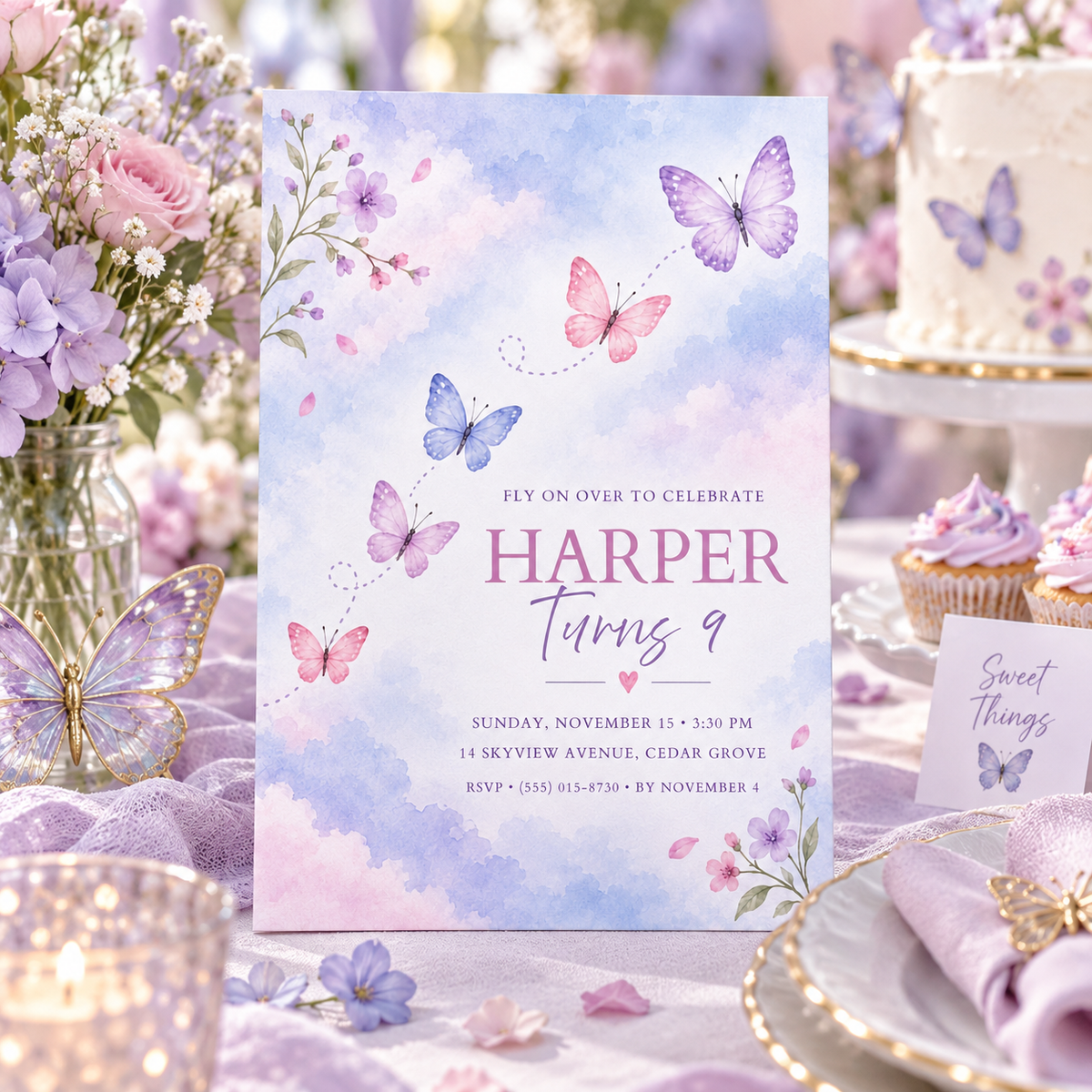 Pastel sky butterfly invitation on a party table beside a butterfly cake and cupcakes