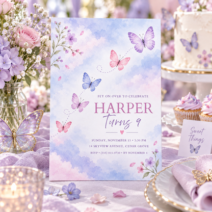 Pastel sky butterfly invitation on a party table beside a butterfly cake and cupcakes