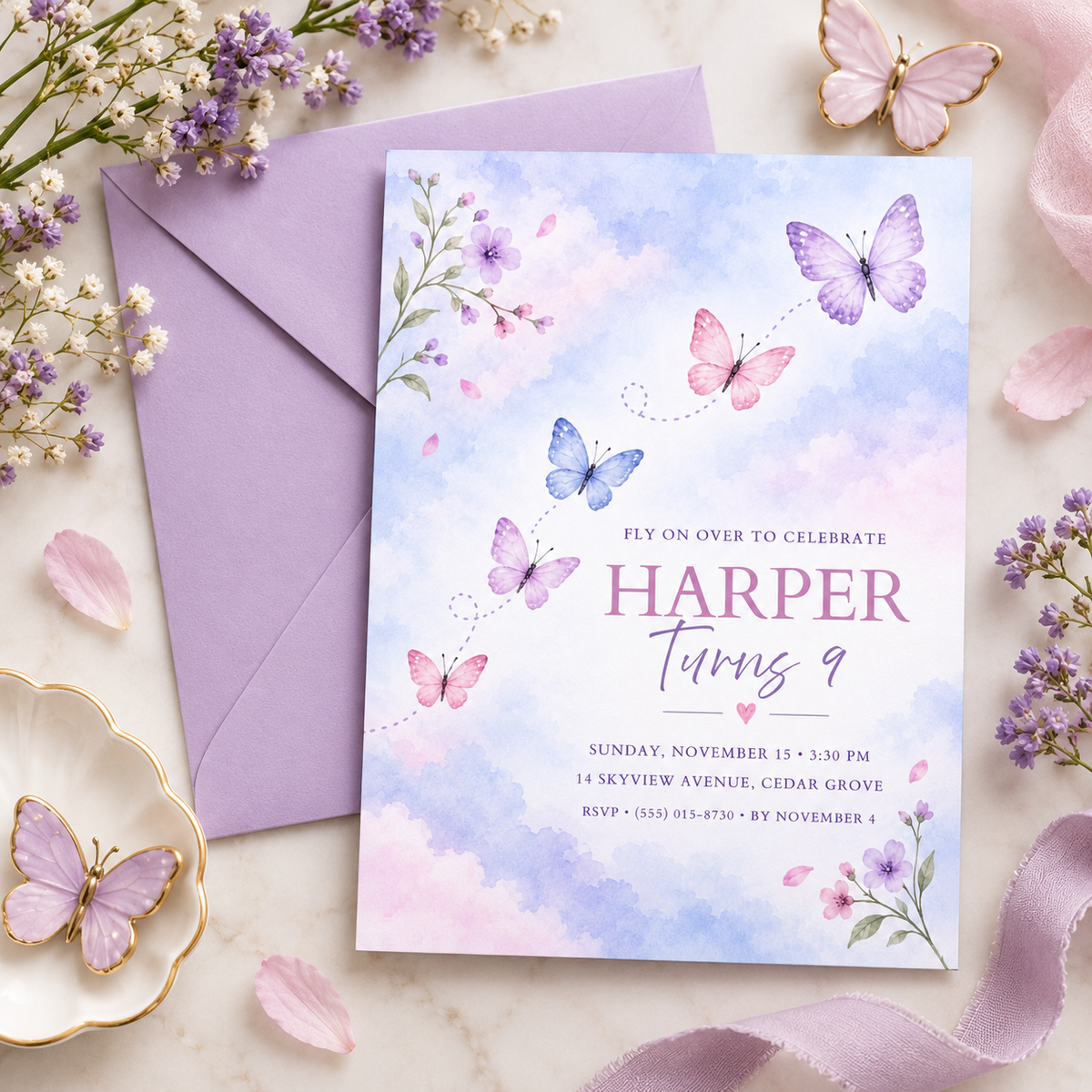 Butterfly birthday invitation next to a lilac envelope with butterfly dishes and baby's breath