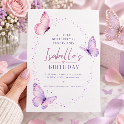 Hand holding a white butterfly birthday invitation with a pink and lilac confetti dot wreath