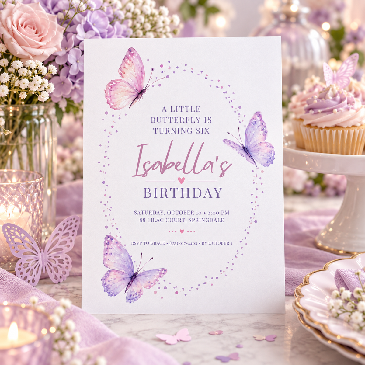 Confetti wreath butterfly invitation on a party table with lilac cupcakes