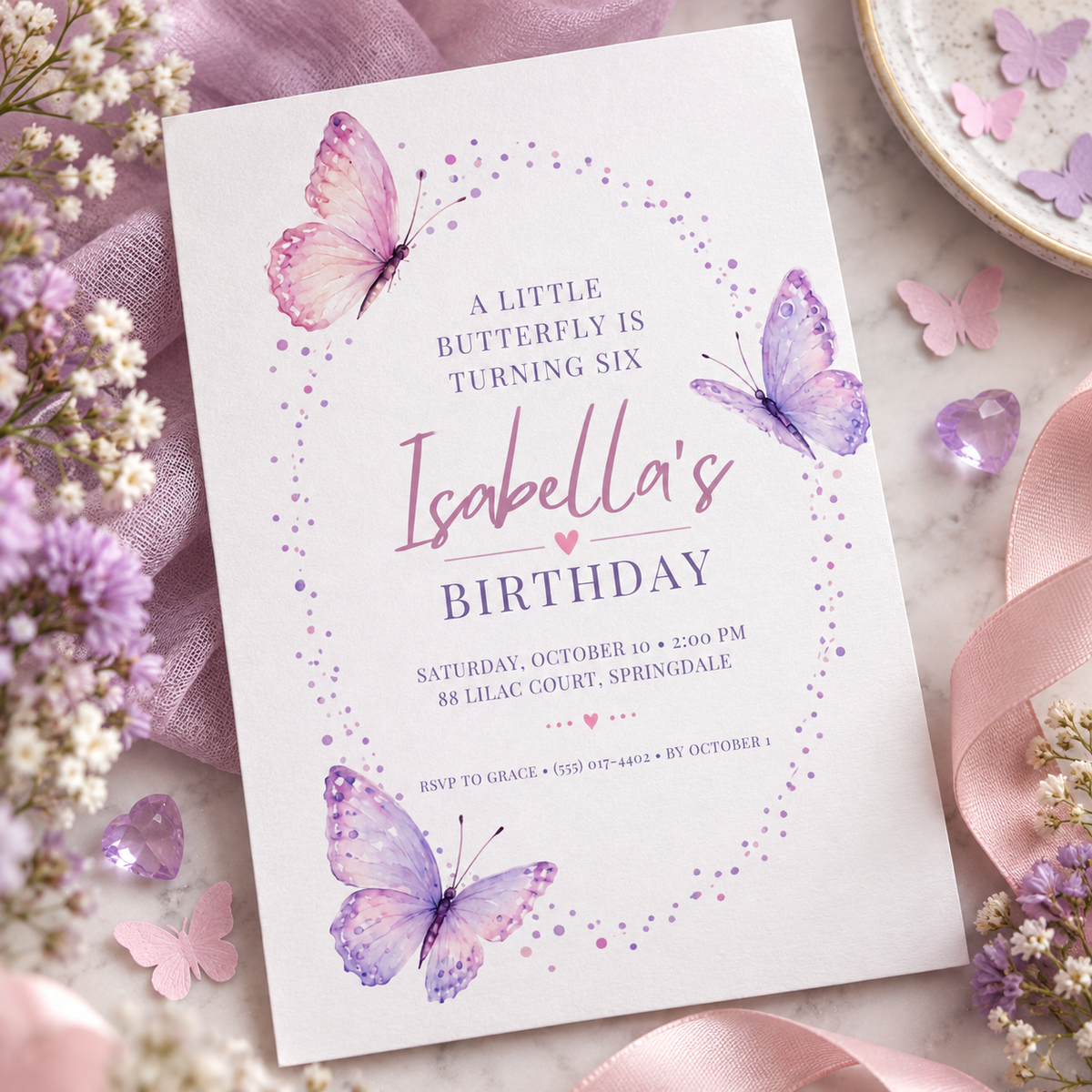 Little butterfly birthday invitation angled on pink linen beside lavender sprigs