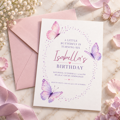 Pink and lilac butterfly invitation next to a pink envelope and baby's breath