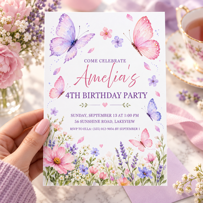 Hand holding a white birthday invitation with pink and lilac butterflies above a wildflower garden