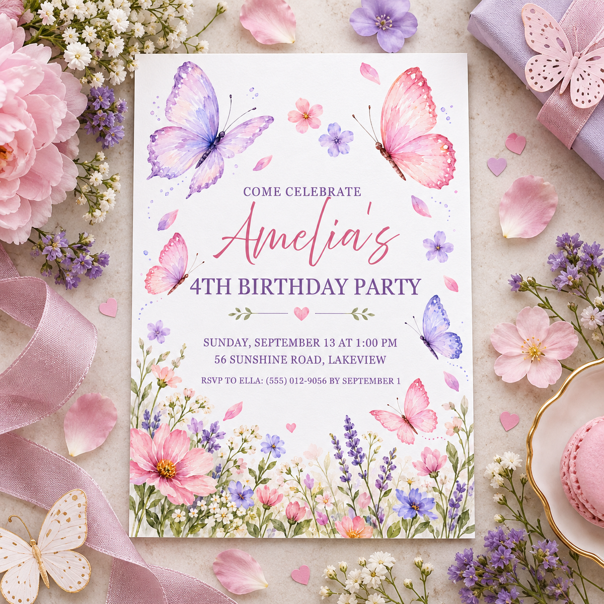 Wildflower butterfly invitation on cream with peonies, lavender and a gift box