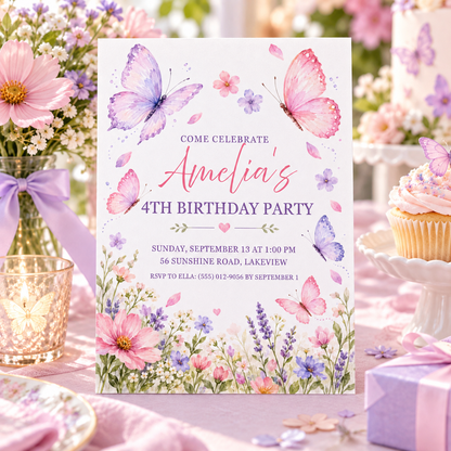 Come celebrate butterfly invitation on a party table with cupcakes and a lilac bow