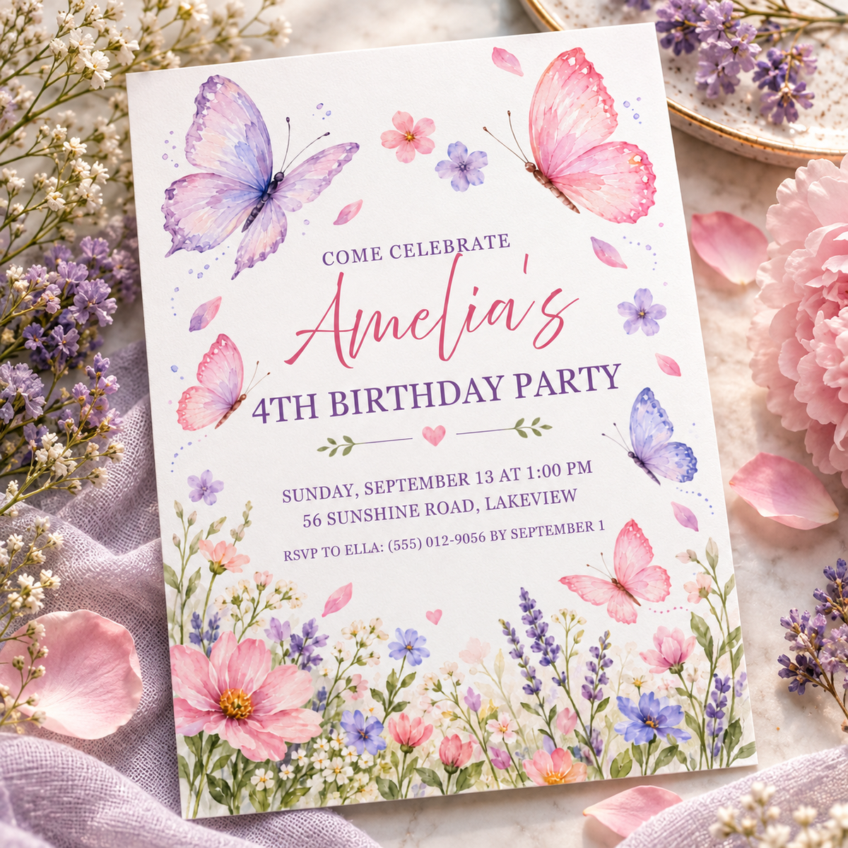 Butterfly garden invitation angled on lilac fabric with pink petals