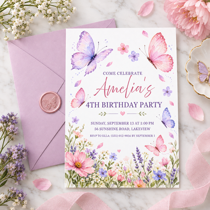 Wildflower butterfly birthday invitation beside a lilac envelope with a pink wax seal