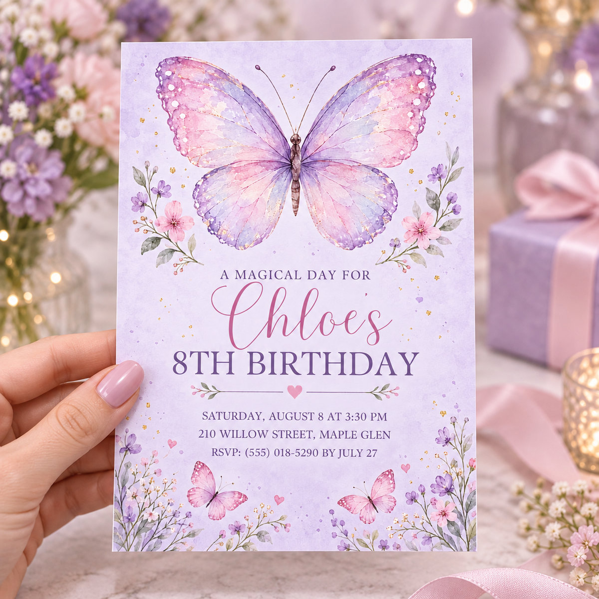 Hand holding a lilac butterfly birthday invitation reading a magical day with sample details