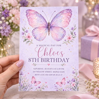 Hand holding a lilac butterfly birthday invitation reading a magical day with sample details