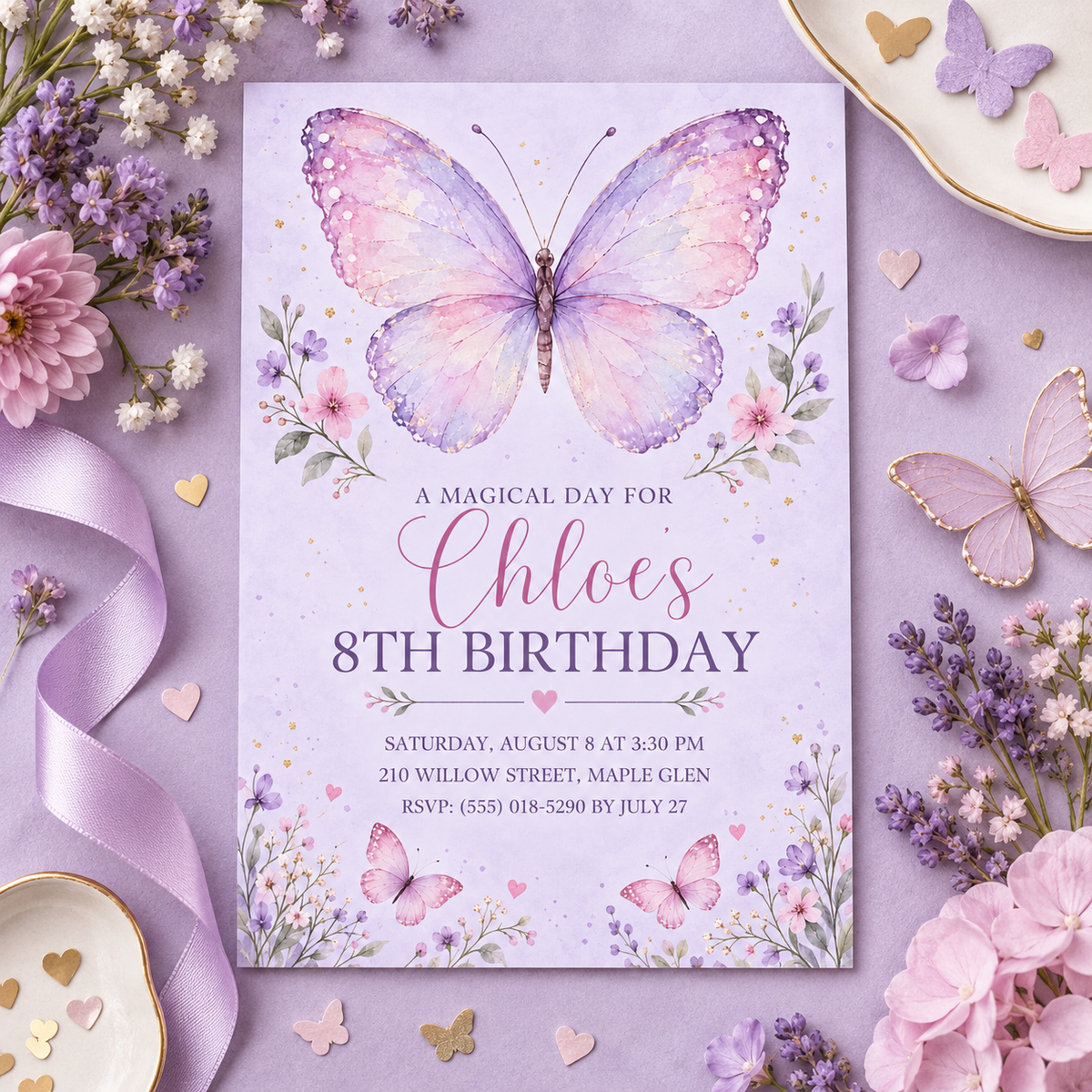 Lilac butterfly invitation on a lavender backdrop with ribbon, pink flowers and gold hearts