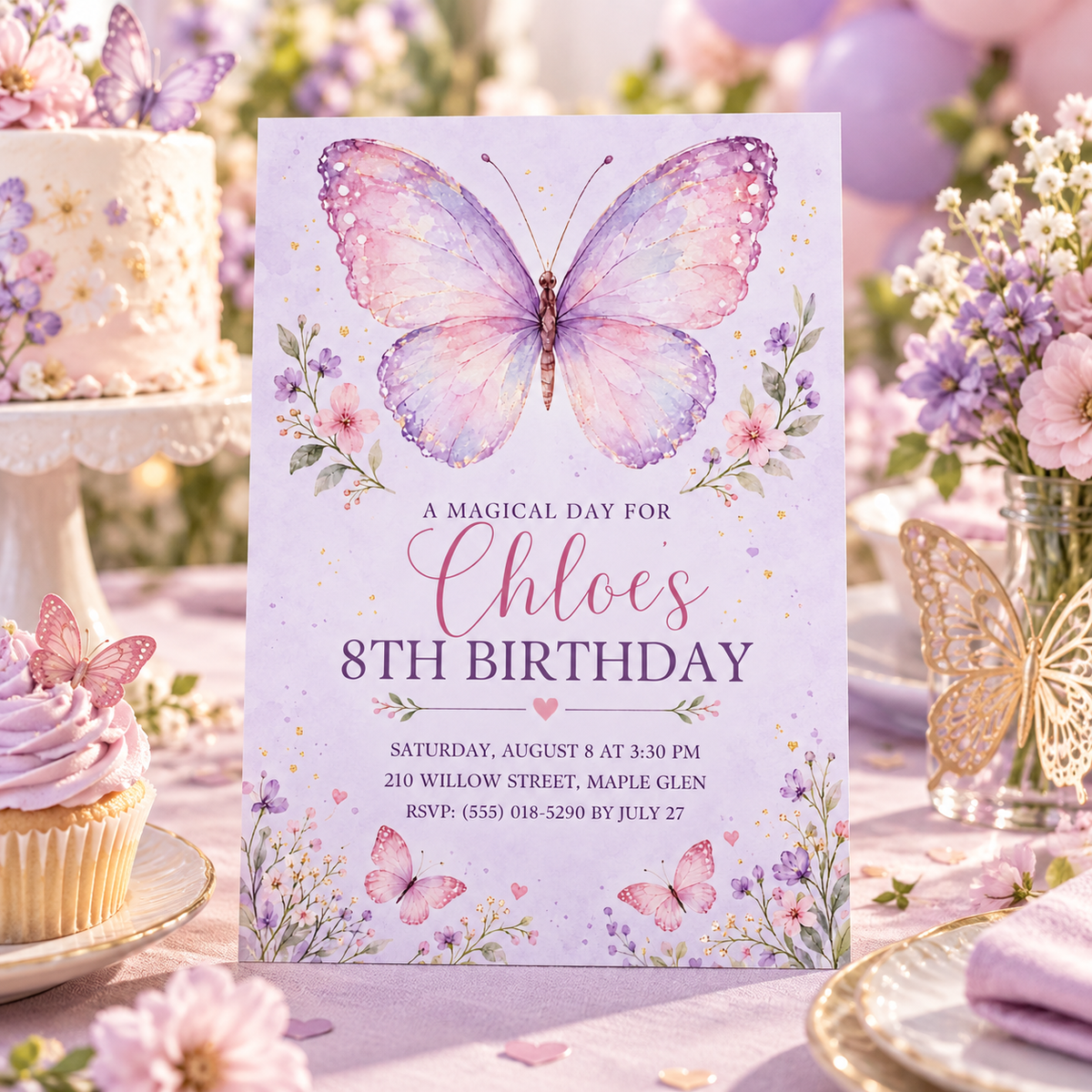 A magical day butterfly invitation on a party table beside a cake and cupcakes