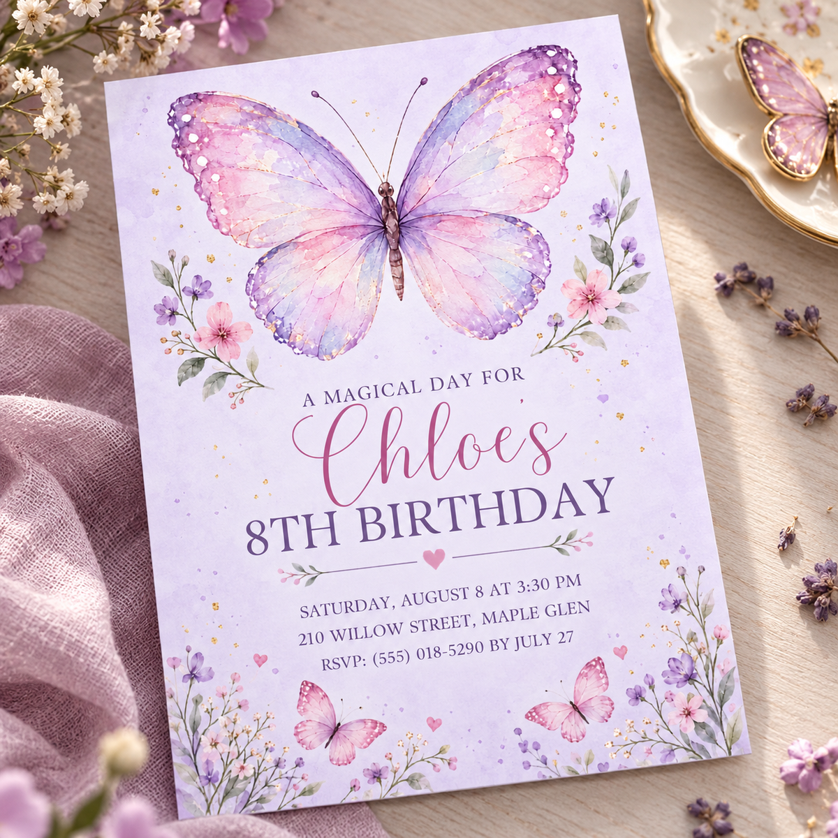 Large lilac butterfly invitation angled on mauve linen beside a butterfly dish