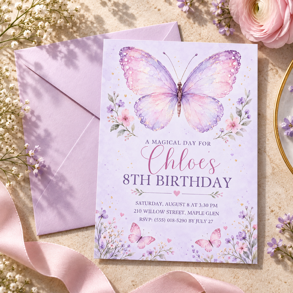 Lilac butterfly birthday invitation next to a lilac envelope and pink ribbon