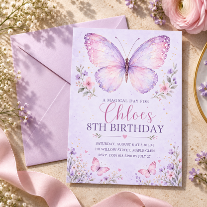 Lilac butterfly birthday invitation next to a lilac envelope and pink ribbon