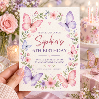 Hand holding a cream birthday invitation framed by a floral vine with pink, lilac and blue butterflies