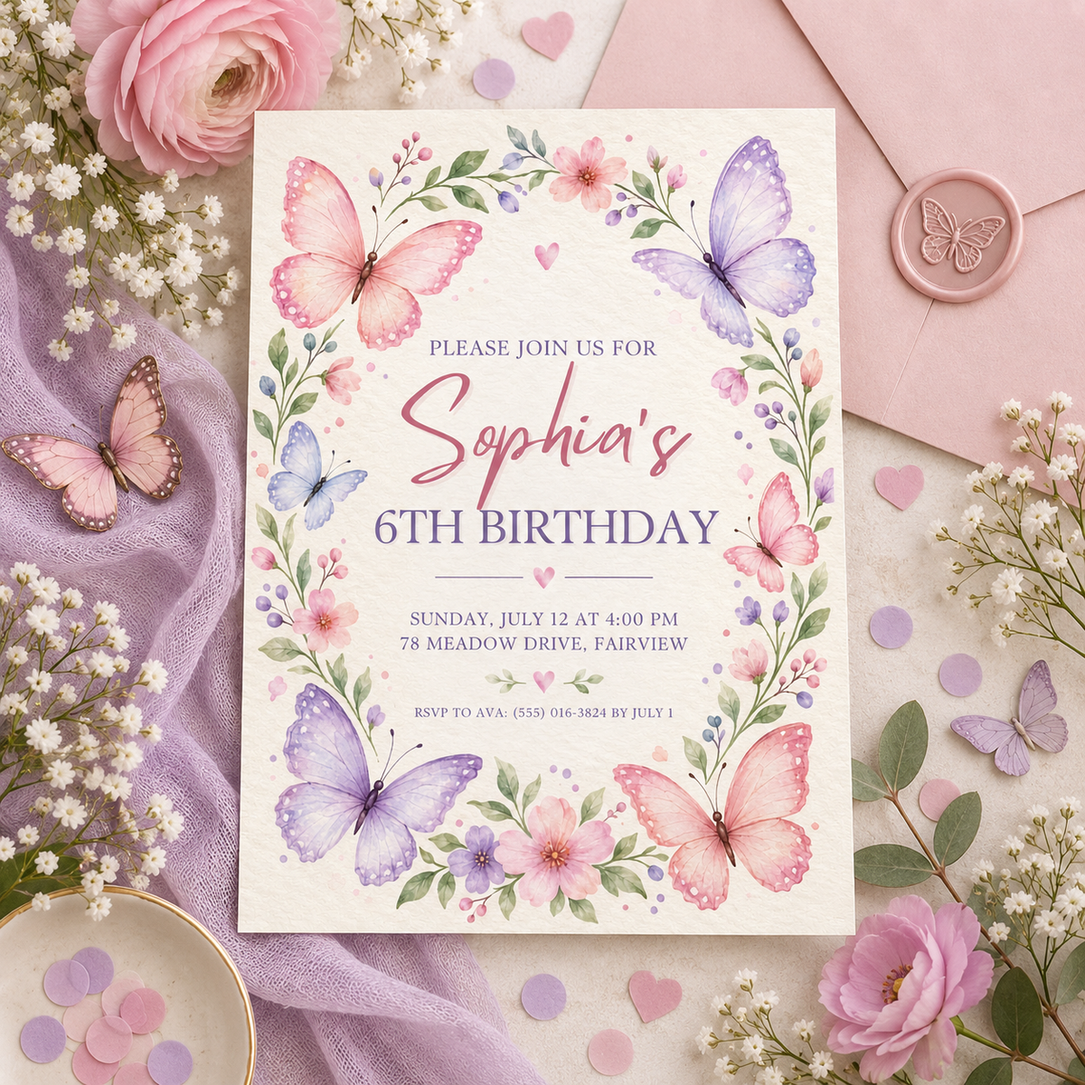 Butterfly floral frame invitation on lilac fabric beside a pink envelope with a wax seal