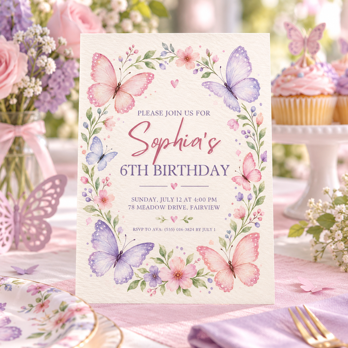 Floral frame butterfly invitation on a party table with pink cupcakes and flowers