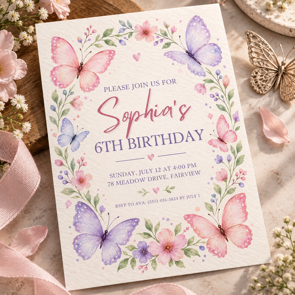 Butterfly birthday invitation angled on a wooden board beside a gold butterfly ornament