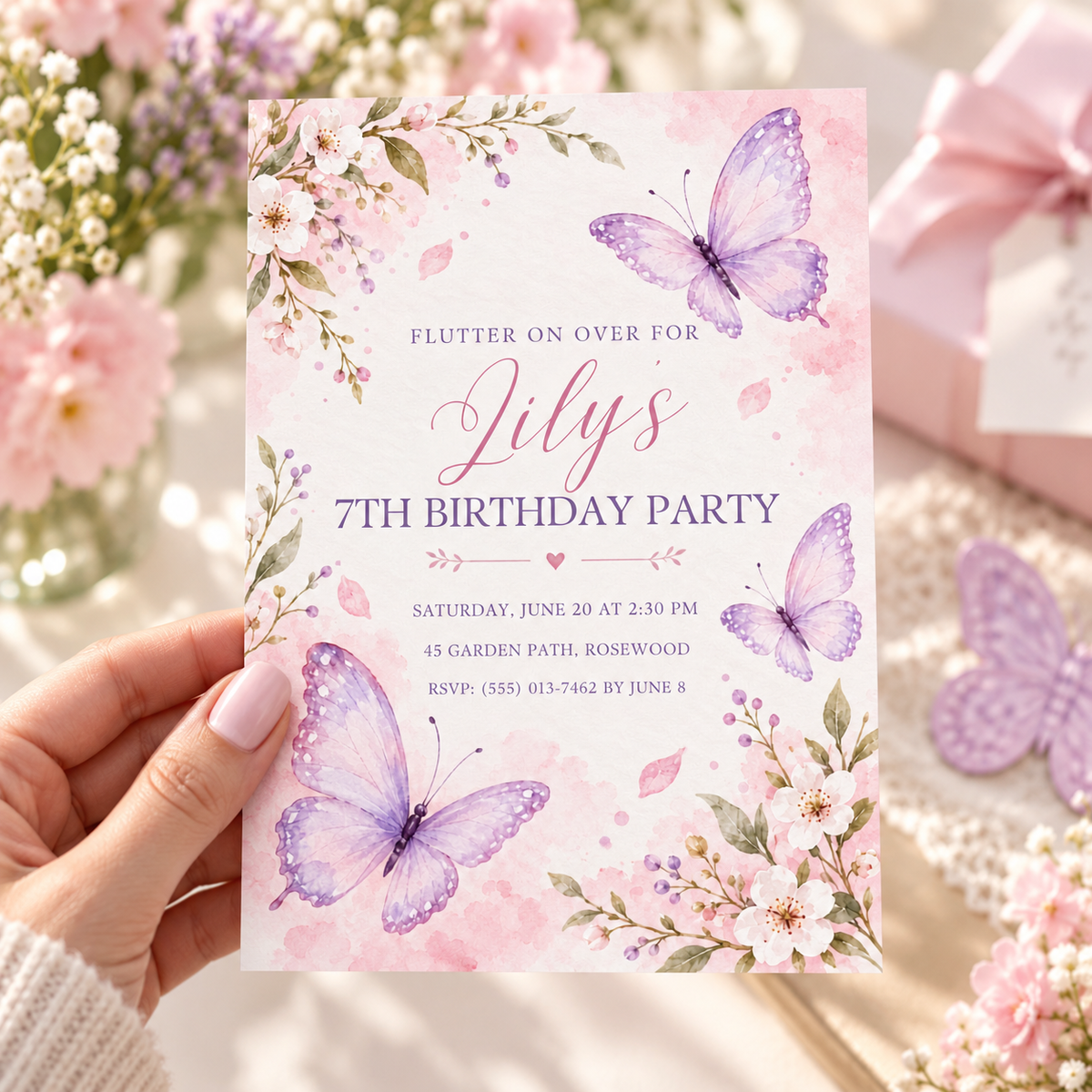 Hand holding a blush flutter on over butterfly birthday invitation with cherry blossoms