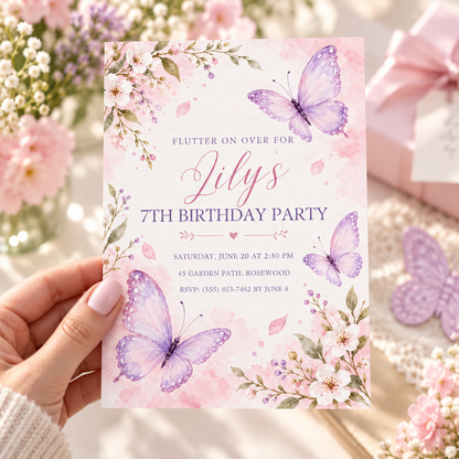 Hand holding a blush flutter on over butterfly birthday invitation with cherry blossoms