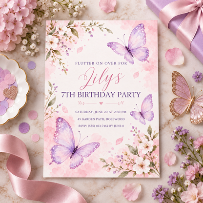 Flutter on over invitation on cream with pink ribbon, a gift box and a gold butterfly