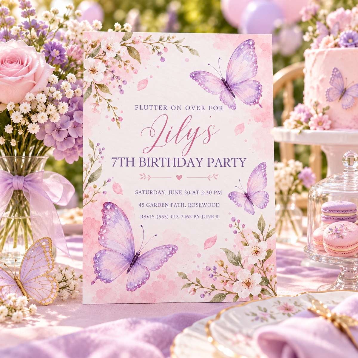 Butterfly birthday invitation on a lilac party table with macarons and roses