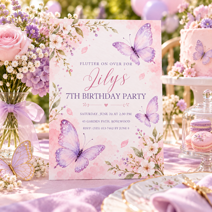 Butterfly birthday invitation on a lilac party table with macarons and roses