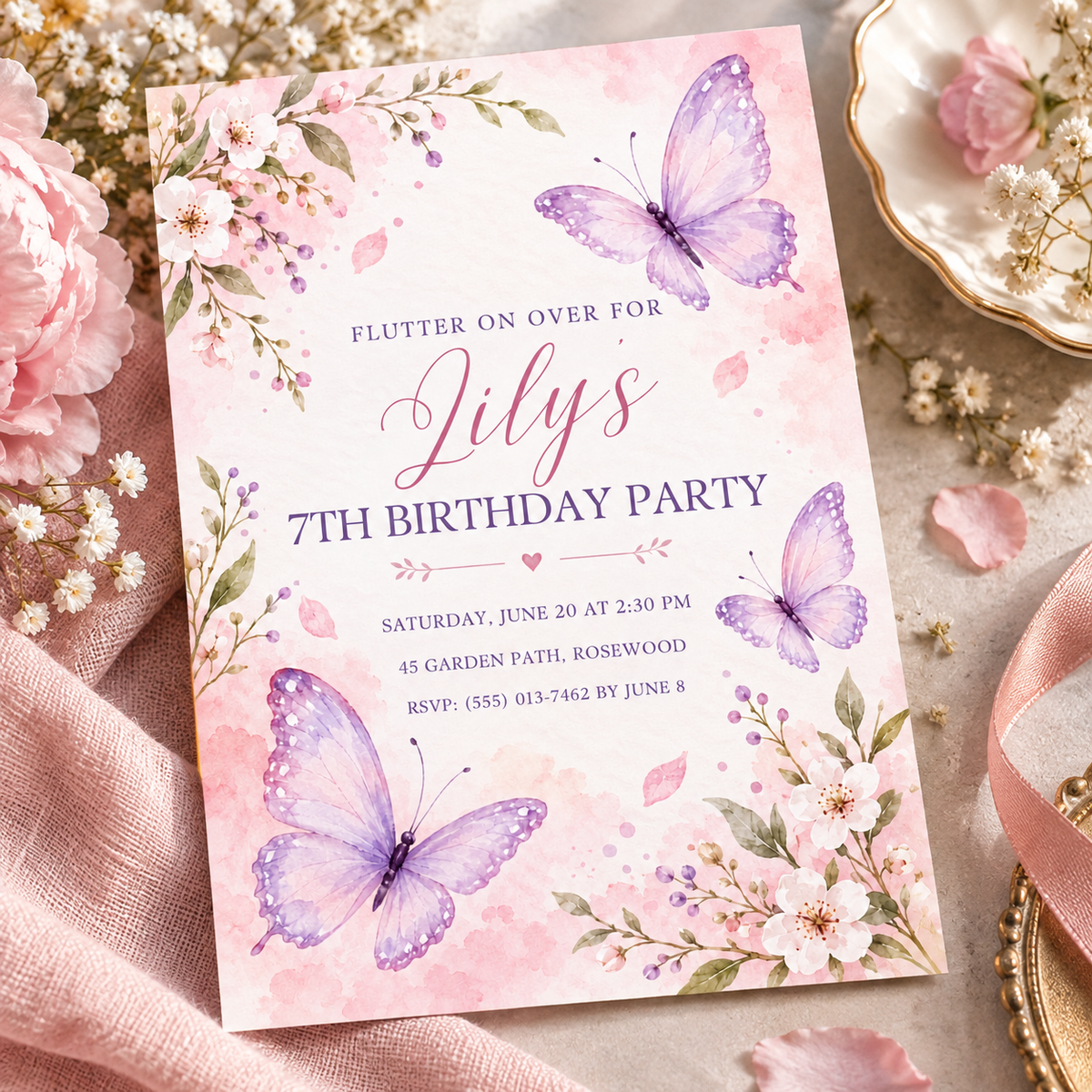 Blush butterfly invitation angled on pink linen beside a white plate