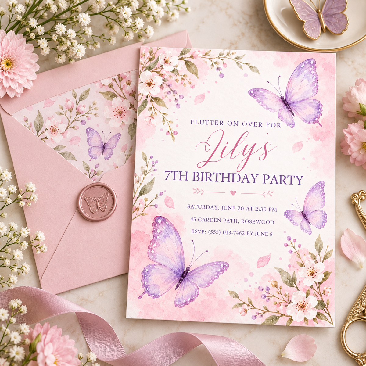 Butterfly birthday invitation next to a floral-lined pink envelope with a wax seal