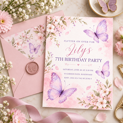 Butterfly birthday invitation next to a floral-lined pink envelope with a wax seal