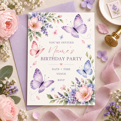 Butterfly birthday invitation on a lilac envelope with roses and a gold wax stamp