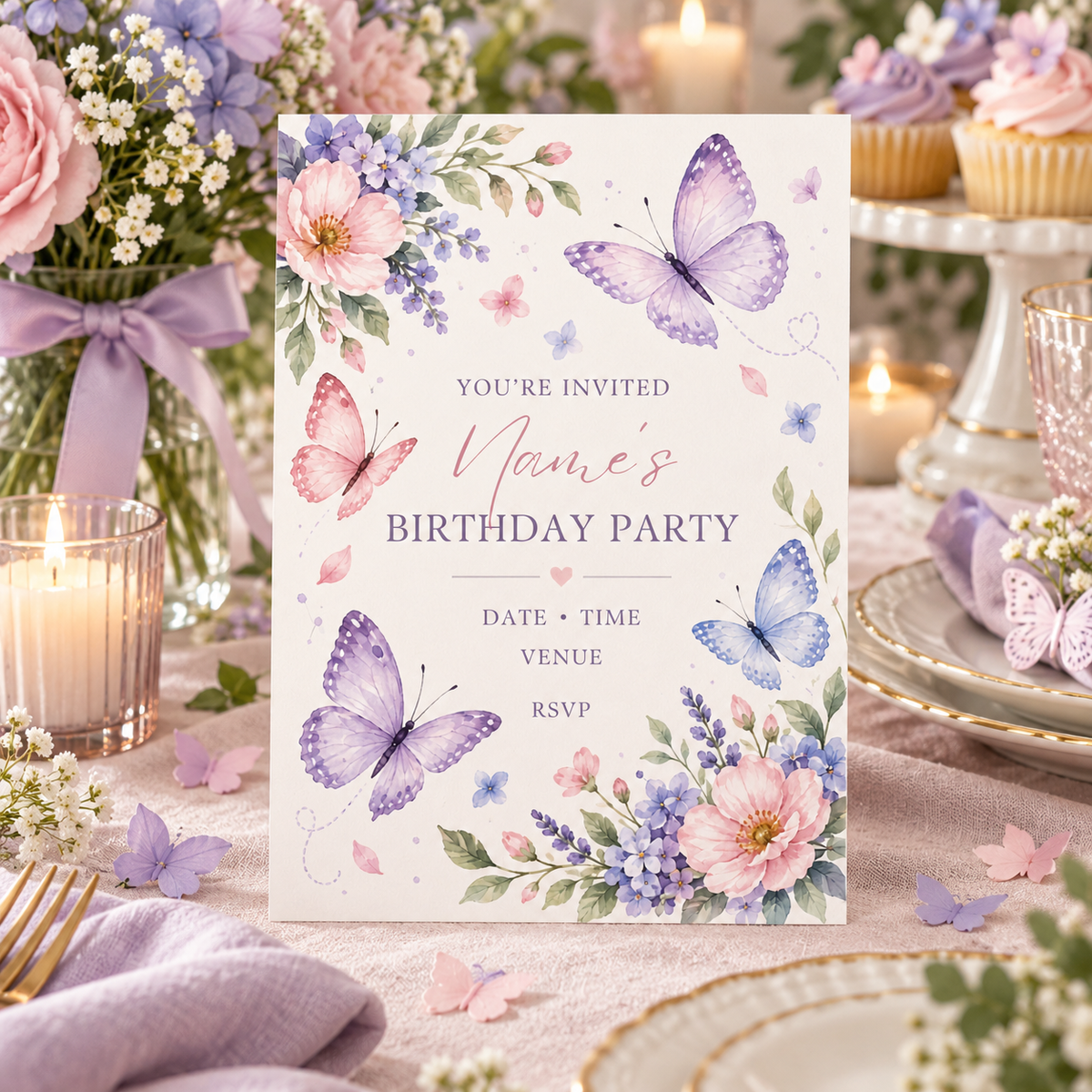 Floral butterfly invitation on a candlelit party table with lilac cupcakes