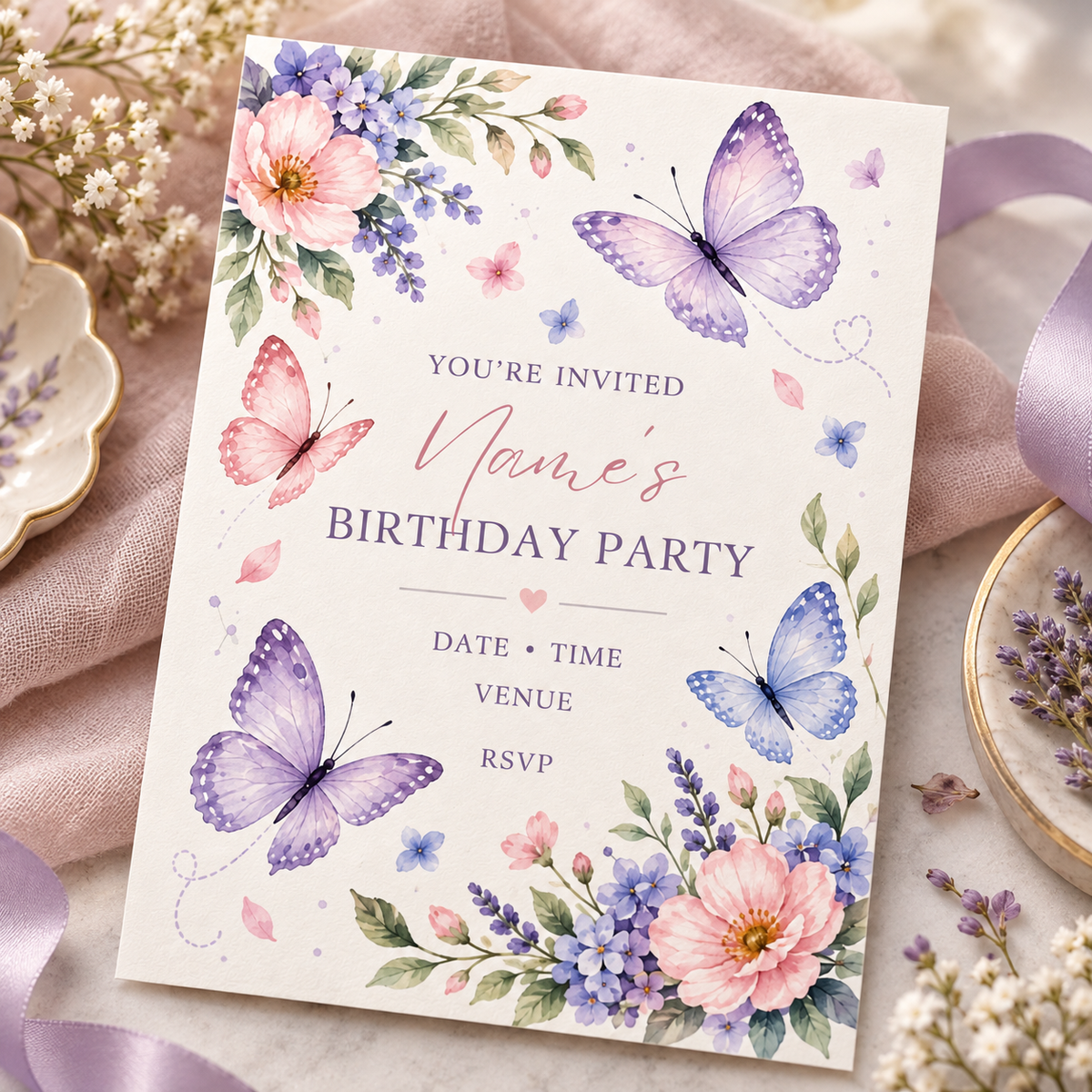Lavender and blue butterfly invitation angled on pink linen beside a dried flower dish