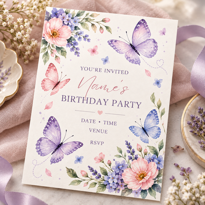 Lavender and blue butterfly invitation angled on pink linen beside a dried flower dish