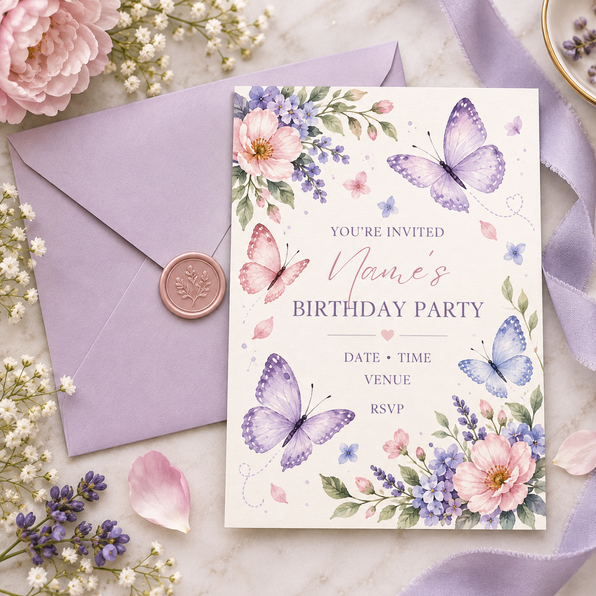 Butterfly birthday invitation next to a lilac envelope sealed with pink wax