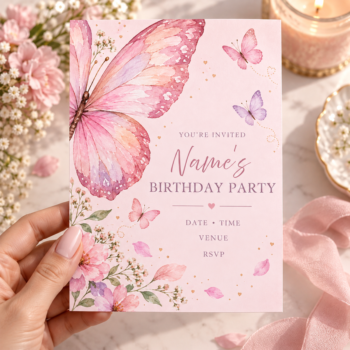 Hand holding a blush pink invitation with an oversized watercolor butterfly wing and pink florals