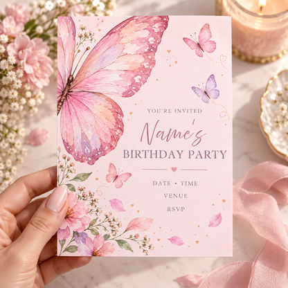Hand holding a blush pink invitation with an oversized watercolor butterfly wing and pink florals