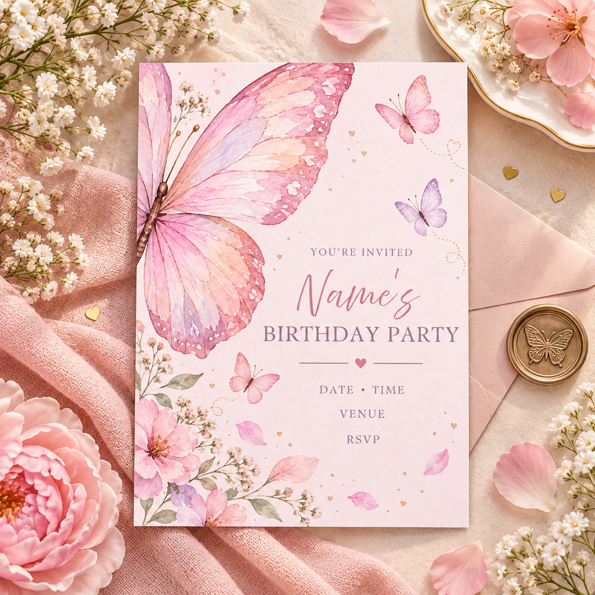 Pink butterfly invitation on pink linen beside a gold wax seal and baby's breath