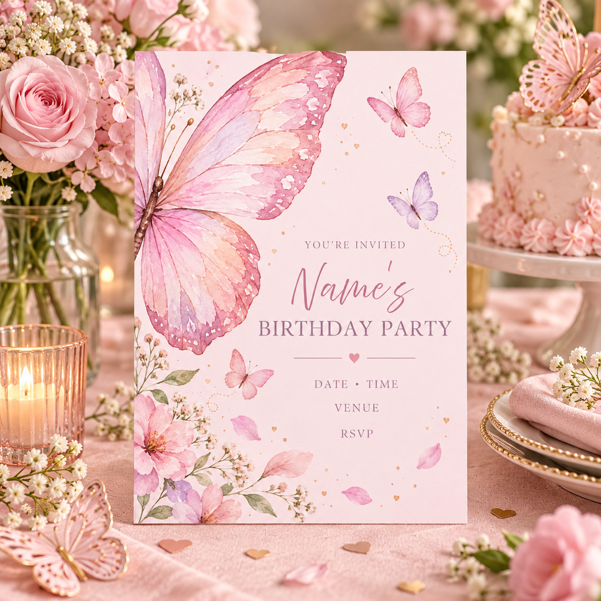 Pink butterfly wing invitation on a party table near a pink frosted cake and roses