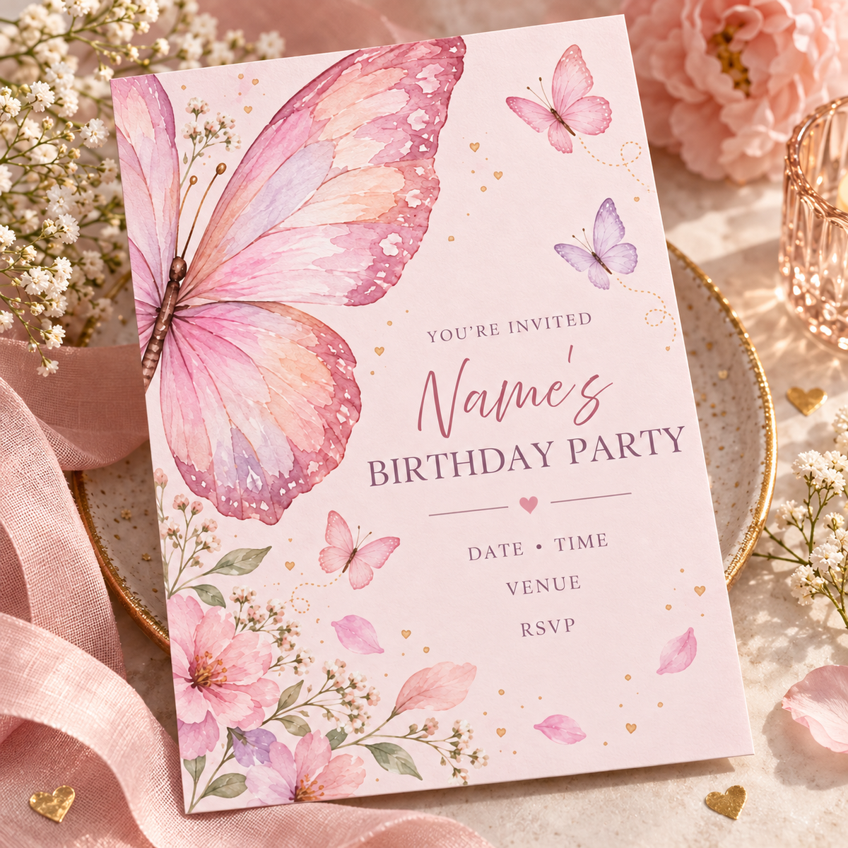 Blush butterfly birthday invitation on a gold-rimmed plate with pink fabric