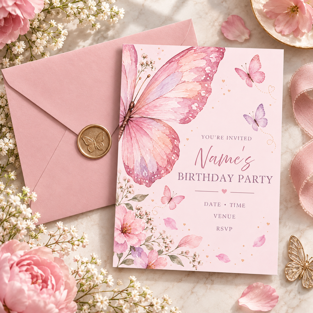 Pink butterfly invitation beside a pink envelope with a butterfly wax seal