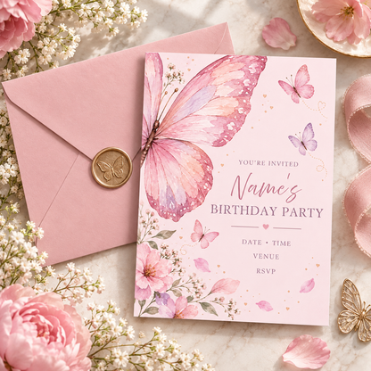 Pink butterfly invitation beside a pink envelope with a butterfly wax seal