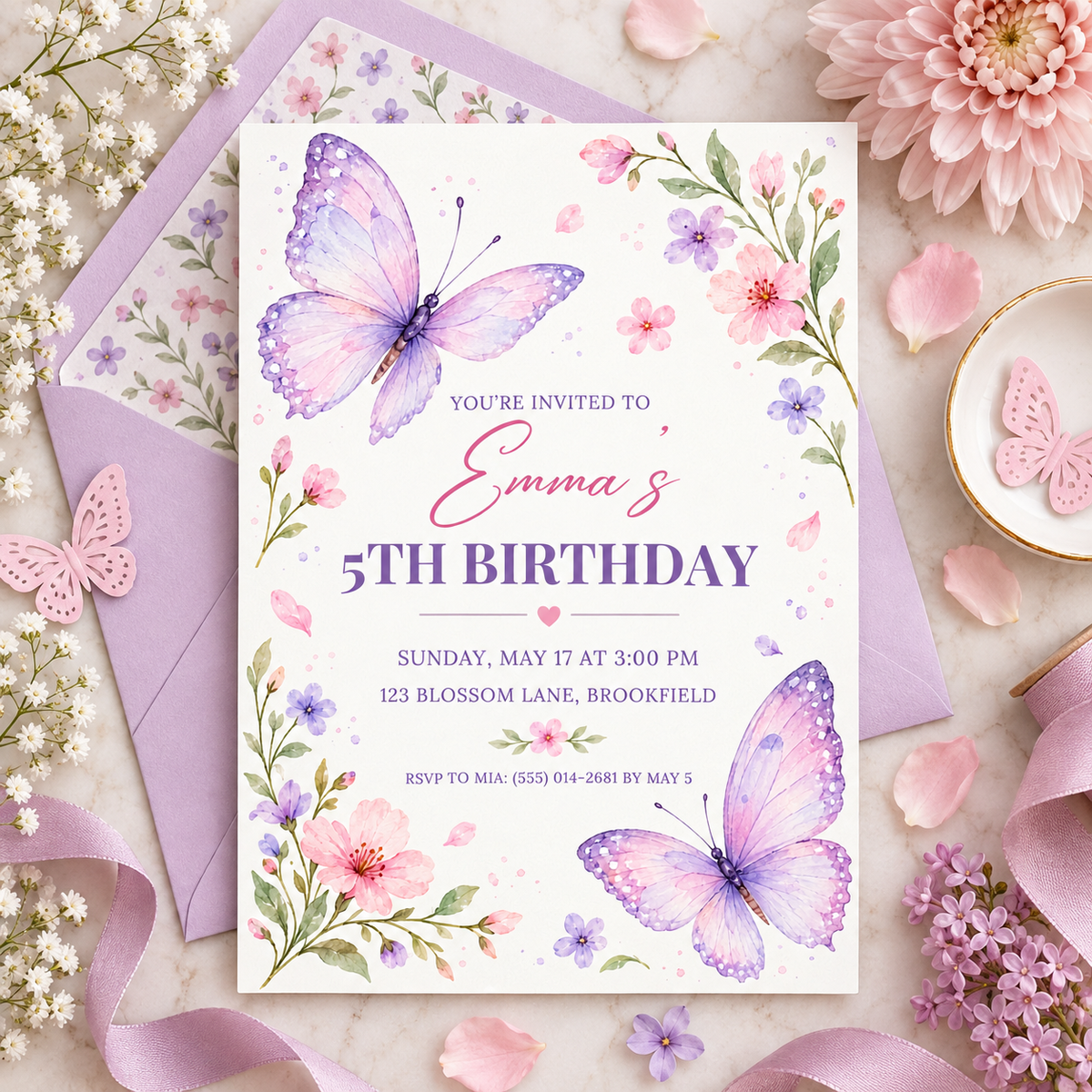 Purple butterfly invitation on a lilac envelope with pink flowers and a paper butterfly