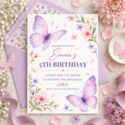 Purple butterfly invitation on a lilac envelope with pink flowers and a paper butterfly