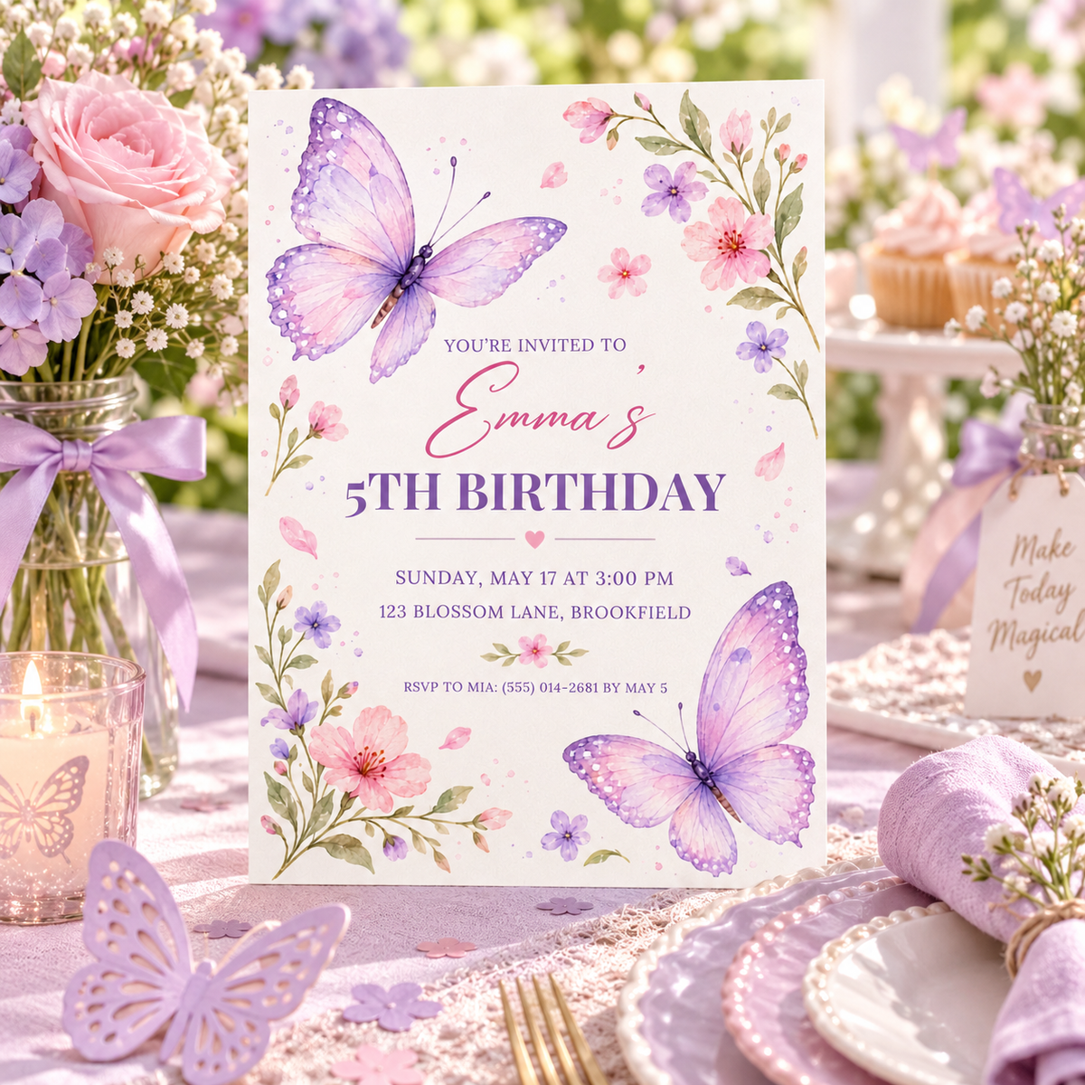 Butterfly birthday invitation standing on a lilac party table with cupcakes and napkins