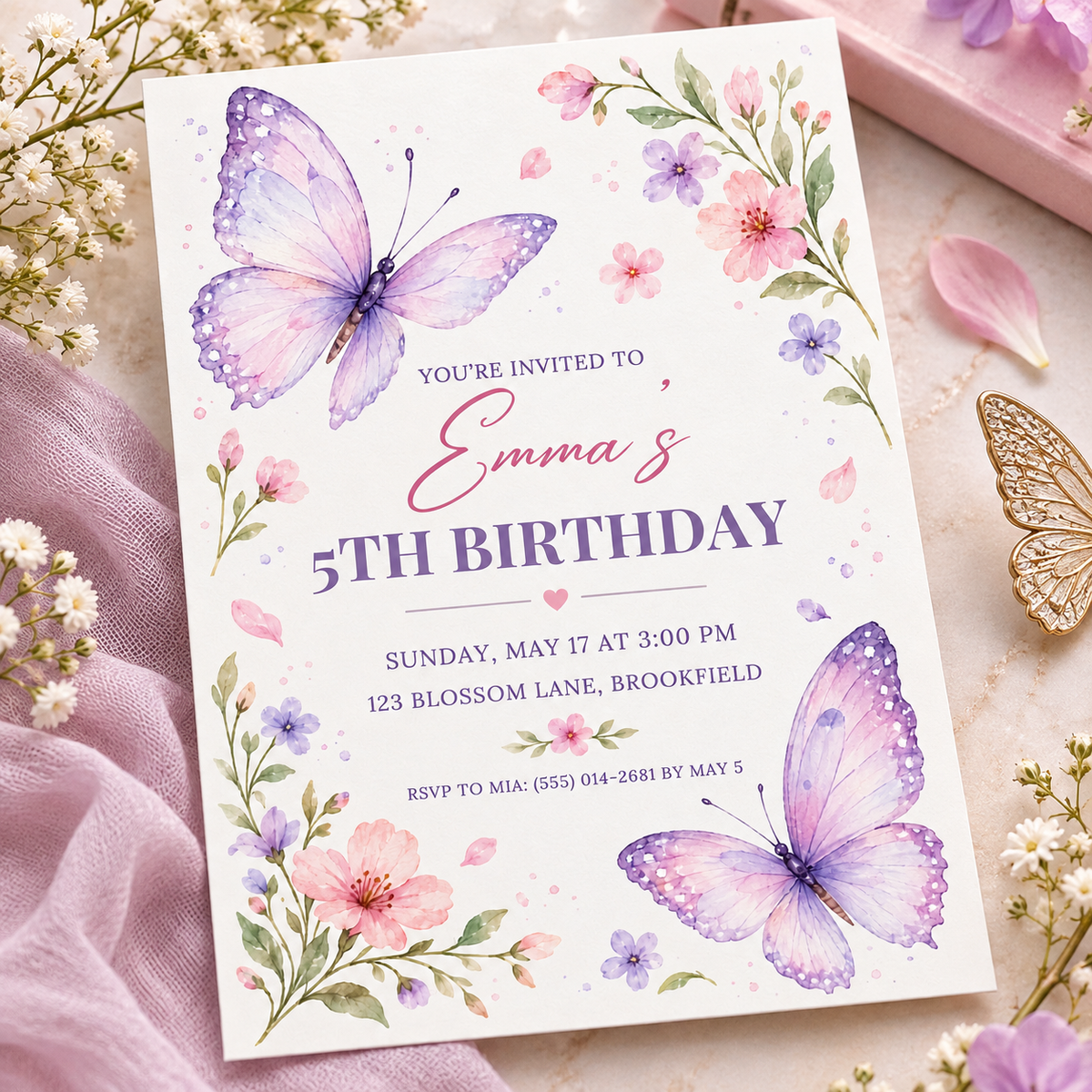 Purple butterfly invitation angled on pink linen beside a gold butterfly ornament